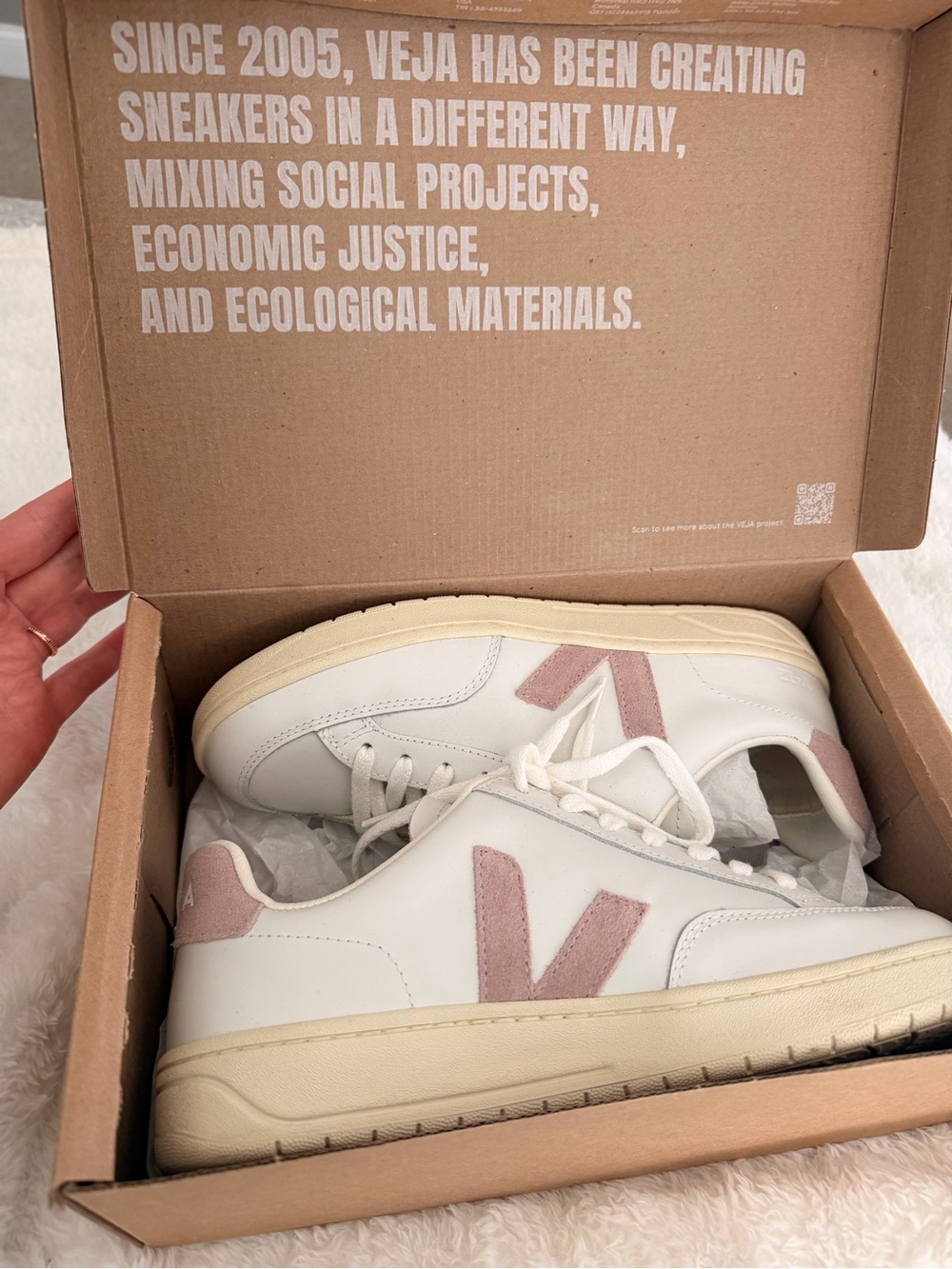 Veja Women’s V-12 Sneakers in White with Pink Suede V
